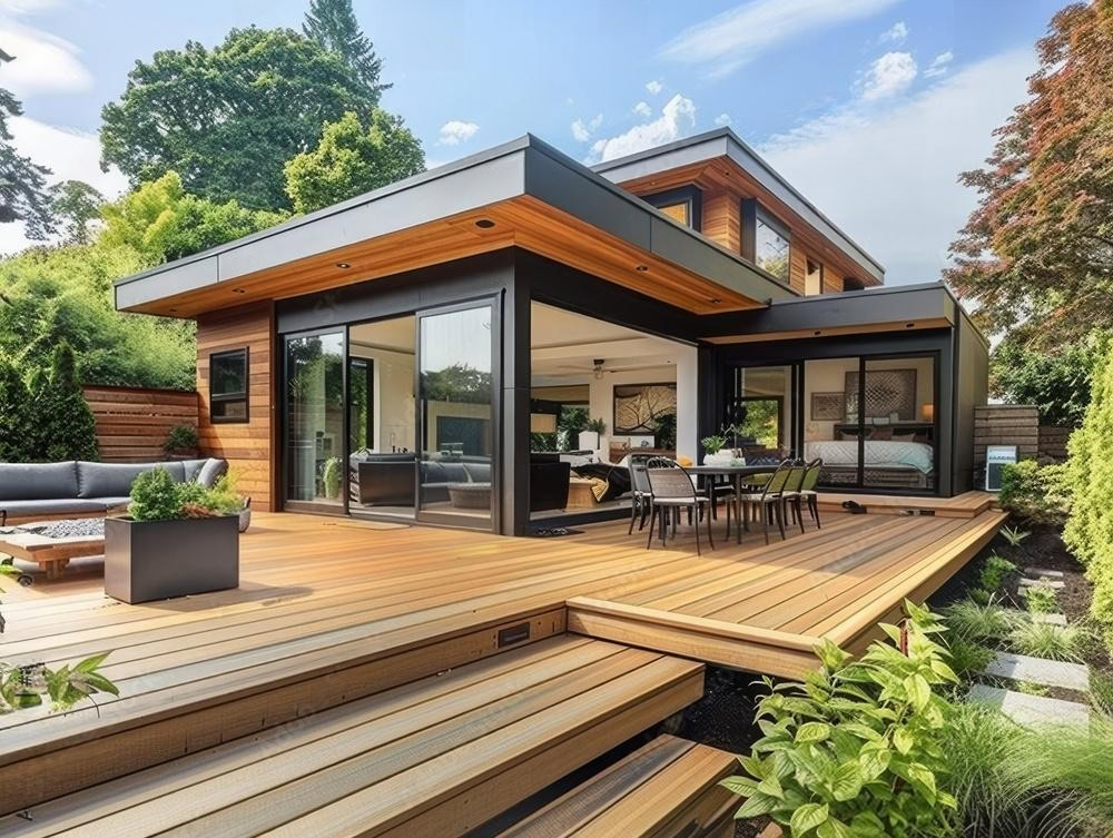Modern house with large wooden deck and outdoor seating area