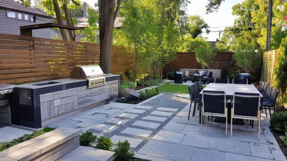 Modern backyard patio with outdoor kitchen, dining area, and lounge space.