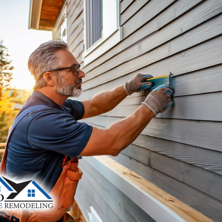 male professional contractor performing expert residential home remodeling service with new siding installation