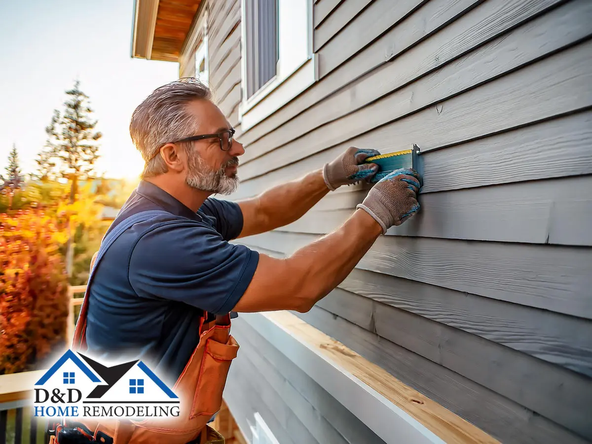 male professional contractor performing expert residential home remodeling service with new siding installation