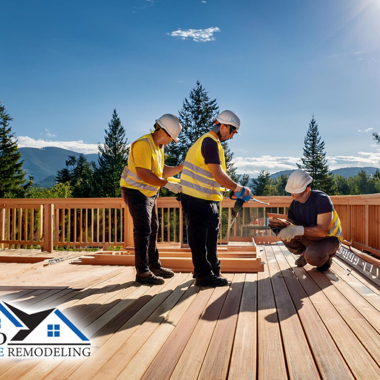 professional contractors performing expert custom decks and patios building outdoor space of residential home