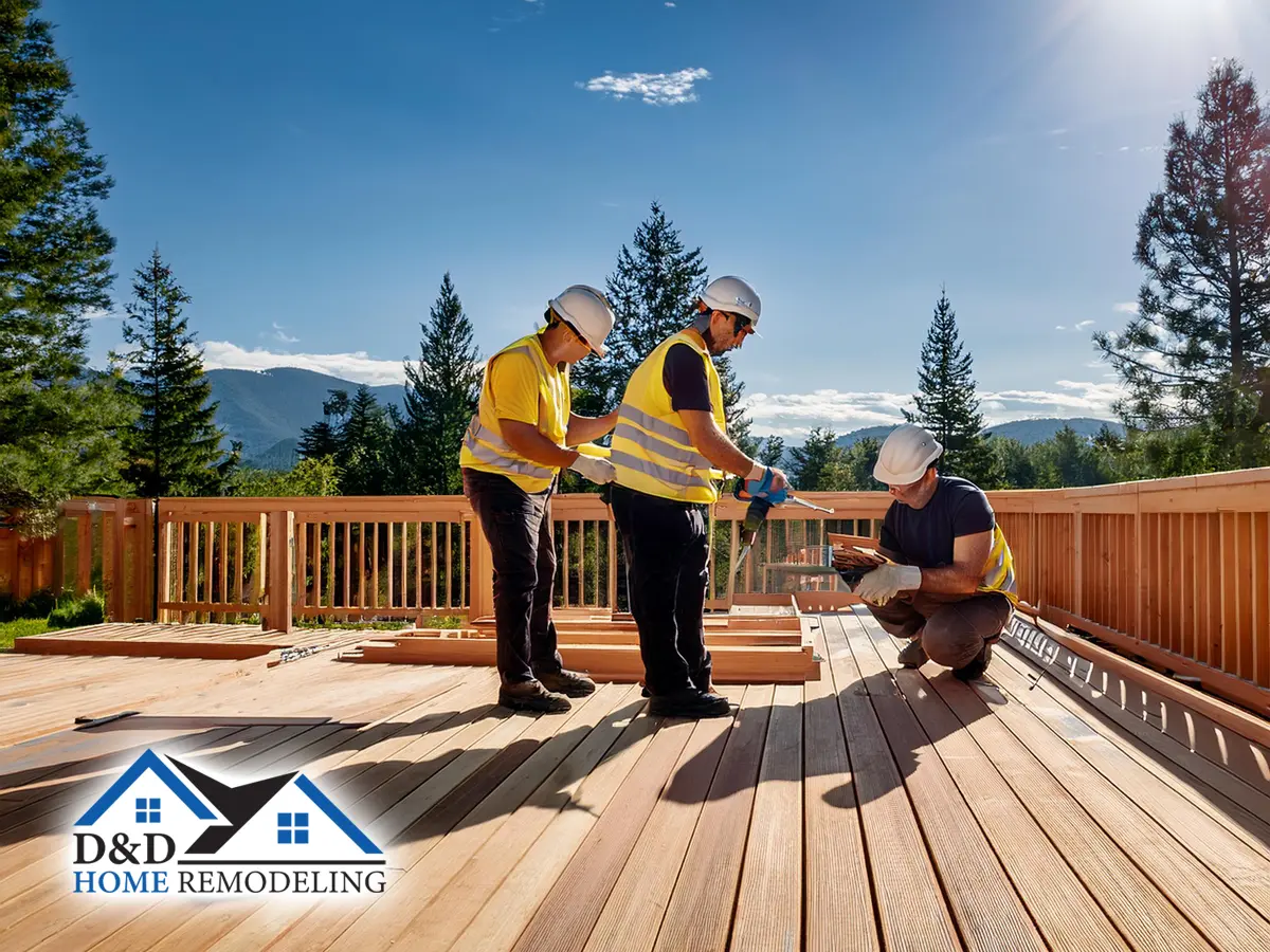 professional contractors performing expert custom decks and patios building outdoor space of residential home