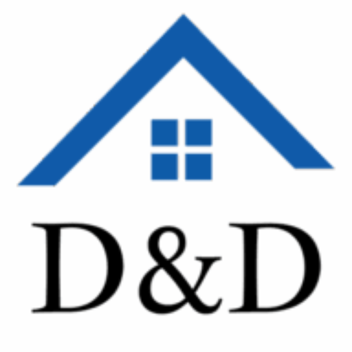 A blue house icon with a window and the letters D&D below it.