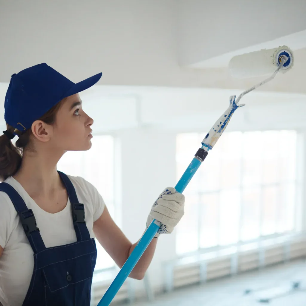 Woman in blue cap and overalls painting a white ceiling with a roller.