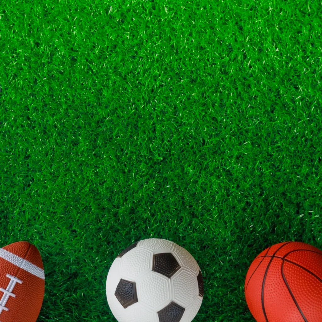 Football, soccer ball, and basketball on green grass.