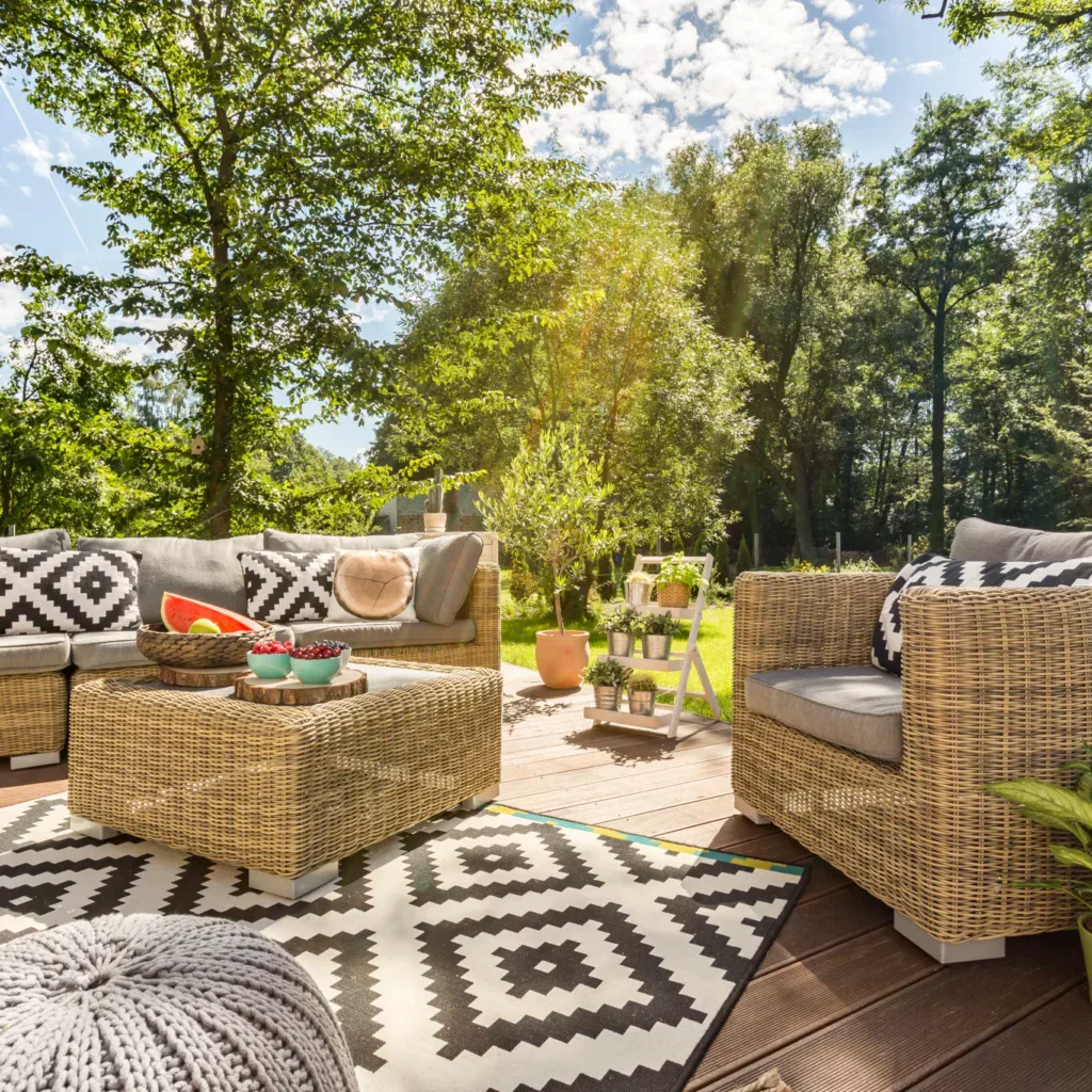 Outdoor patio with wicker furniture, black and white rug, and lush greenery.