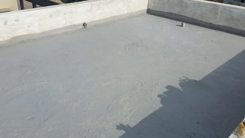 Gray concrete roof with low walls and a small bird