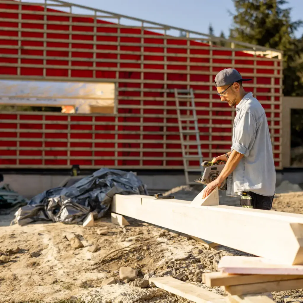 Man using a circular saw to cut wood at a construction site.