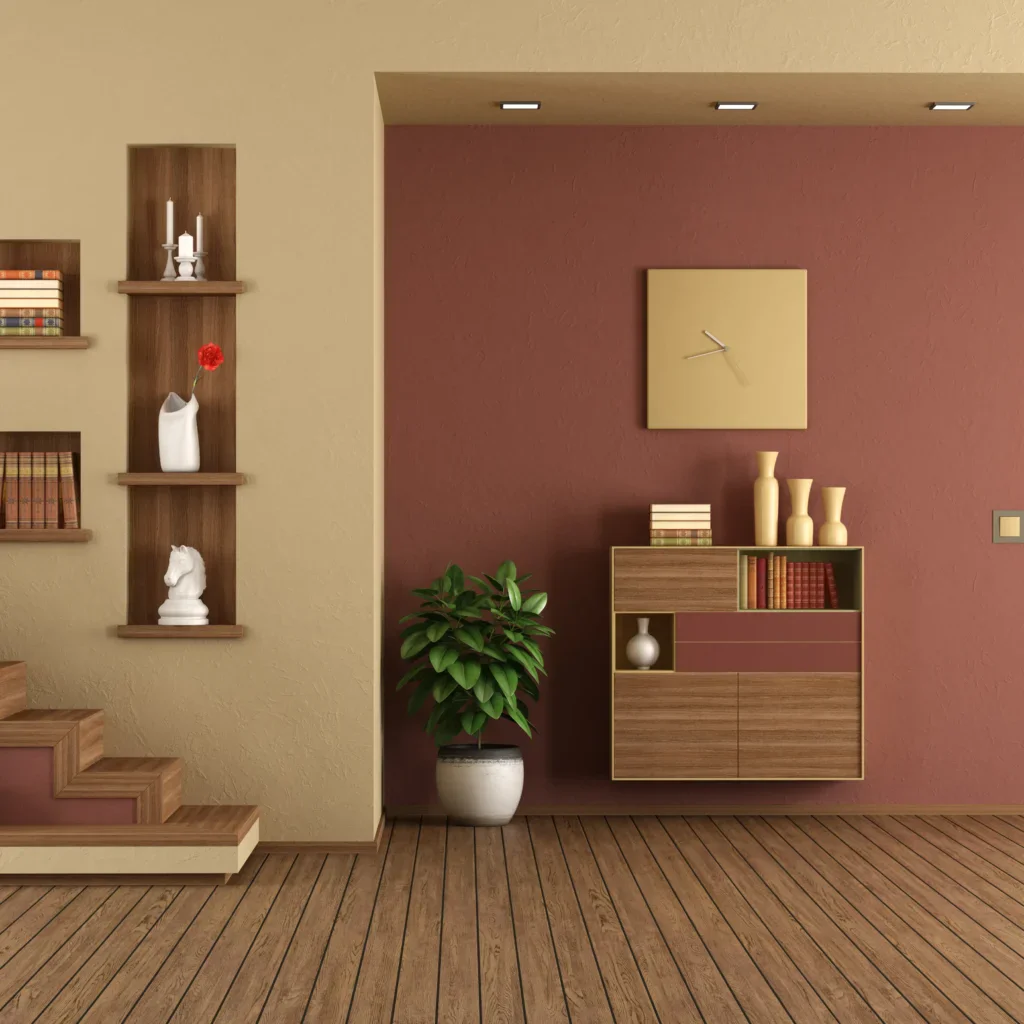 Modern interior with staircase, shelves, and a door