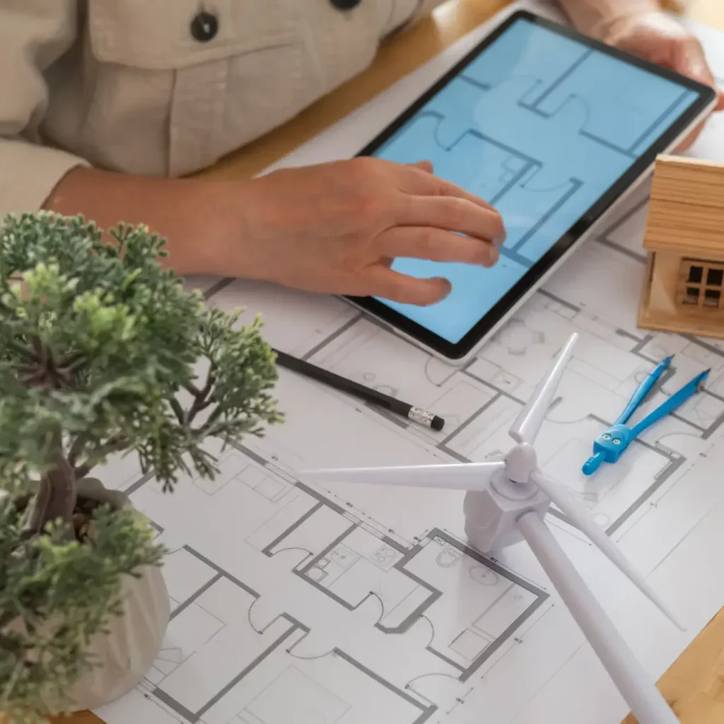 Person using a tablet to view blueprints, with a model house and wind turbine.